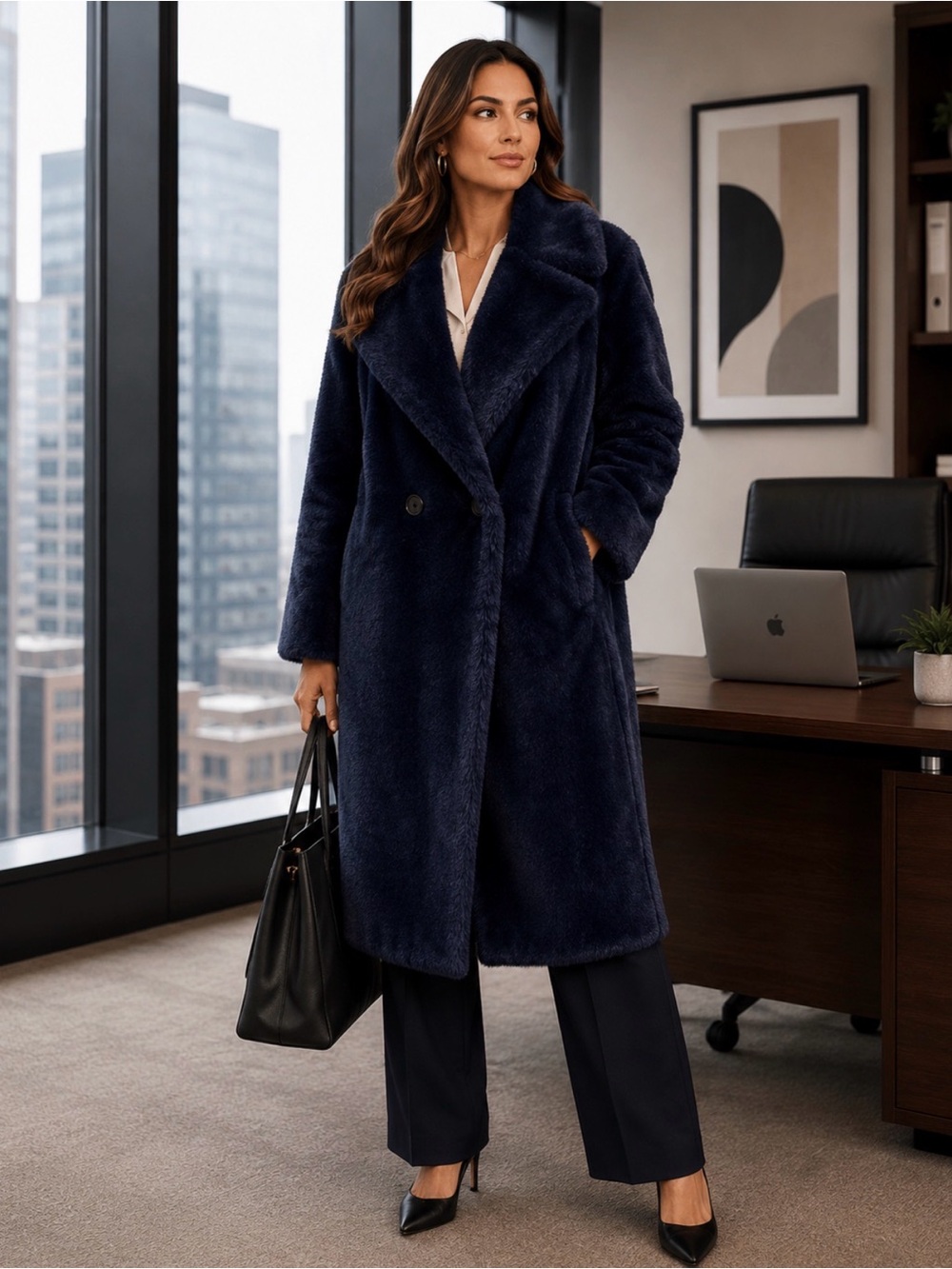 Avec Les Filles Navy Luxe Long Faux Fur Coat Medium